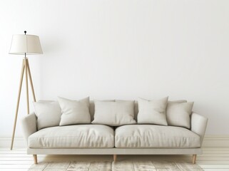 Poster - Minimalist living room interior with a beige sofa, pillows, and a stylish lamp on a white wall background. 3D rendering.