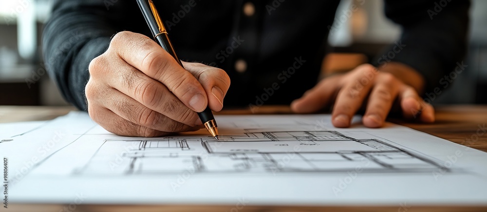 Architect Drawing a Floor Plan with a Pen. Architecht Drawing A Sketch ...