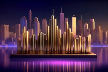 Wall Mural - A digital skyline with golden structures resembling sound waves, set against a city backdrop.