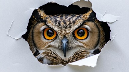 Canvas Print - A close-up of an owl peering through a torn paper hole, showcasing its striking eyes.