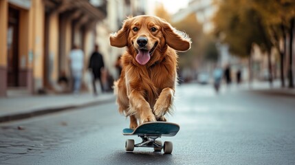 Sticker - A golden retriever skateboards down a city street, showcasing playful energy and joy.