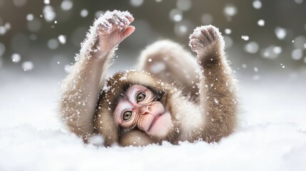 Wall Mural - A playful monkey enjoying snow, creating a whimsical winter scene.