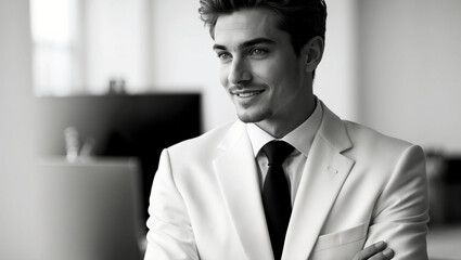 High-contrast, monochromatic photograph of a youthful businessman, isolated against a soft, blurred office environment