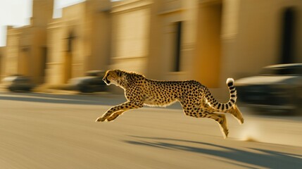 Poster - A cheetah sprinting through a blurred urban environment, showcasing its speed and agility.