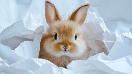 Sticker - A cute bunny nestled in crumpled white paper.