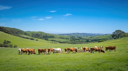 Wall Mural - A serene landscape with cows grazing in a lush green field under a clear blue sky.