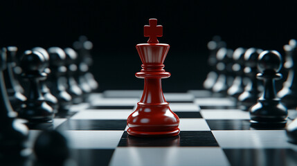 sleek, modern red chess pawn stands out prominently among other neutral-colored pawns, symbolizing individuality, power in simplicity, and strategic potential in a competitive environment