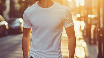 A man walking in a sunlit urban setting, wearing a casual white t-shirt.