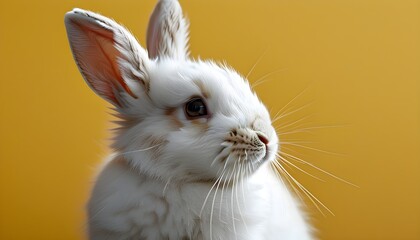 Adorable fluffy white rabbit against a cheerful yellow backdrop