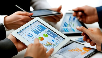 Poster - Businesswoman Team Reviewing Marketing Data with Documents and Tablets, Isolated on White Background