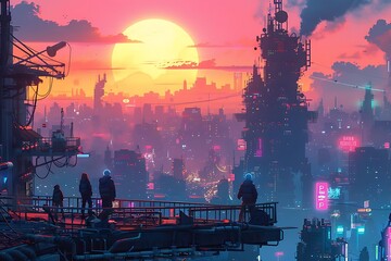 Wall Mural - A vibrant cyberpunk cityscape at sunset, showcasing futuristic architecture and figures.