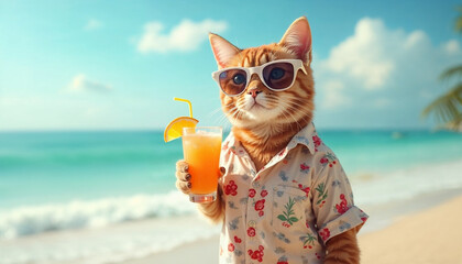 Wall Mural - Cute cat wearing sun glasses shirt holding cocktail at the beach