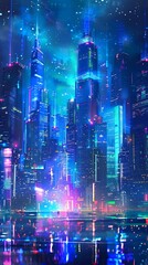 Wall Mural - A vibrant, futuristic cityscape illuminated by neon lights and reflections on water.