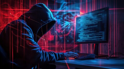 A hacker attempting to bypass a company's firewall, with security alerts flashing on a screen
