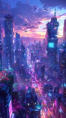 Wall Mural - A vibrant futuristic cityscape at sunset, showcasing neon lights and towering skyscrapers.