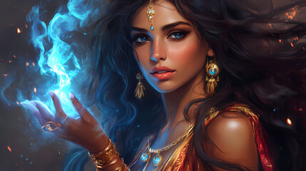 A beautiful magician holds blue flames in her hand, her long hair and gold jewelry flowing. she's a genie from arabian legends. Djinn. Illustration