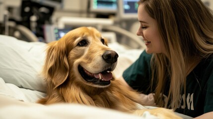 Wall Mural - A joyful moment between a woman and a golden retriever in a hospital setting.