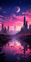 Wall Mural - A vibrant cityscape at twilight, reflecting colorful skies and structures in water.