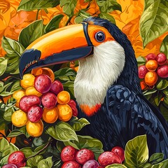 Wall Mural - Colorful Toucan Among Tropical Fruits and Foliage