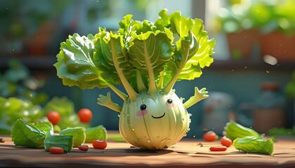 Adorable lettuce cartoon character with a whimsical expression on a vibrant cut-out background