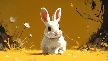 Adorable cartoon yellow rabbit against a cheerful yellow background