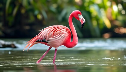 Elegant pink flamingo with a striking red head and long legs gracefully posing in a serene river setting