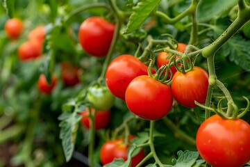 Tomatoes growing in a greenhouse. Ripe red tomatoes on a branch.