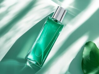 Wall Mural - Green Perfume Bottle on Green Background.