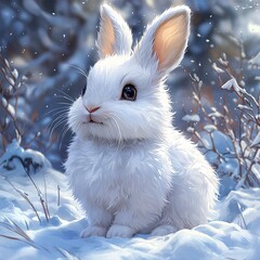 Sticker - Cute White Rabbit in Snowy Winter Wonderland Scene