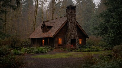 Sticker - A cozy cabin nestled in a forest, illuminated by warm light, surrounded by lush greenery.