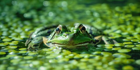 Wall Mural - Close-up of a vivid green frog in an algae-rich pond.