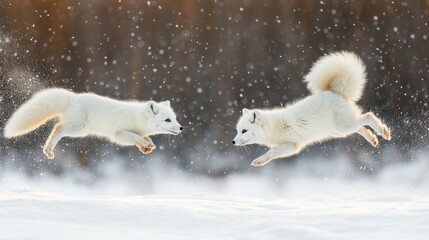 Wall Mural - Two arctic foxes playfully leap through a snowy landscape, creating a serene winter scene.