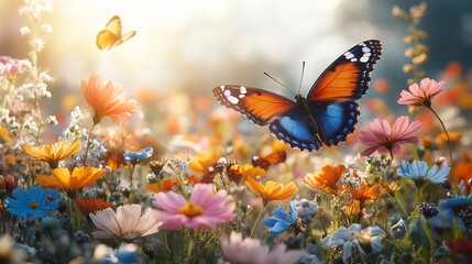 colorful flowers in full bloom, with butterflies fluttering gracefully. This image symbolizes renewal, growth, and the harmonious beauty of nature’s cycle