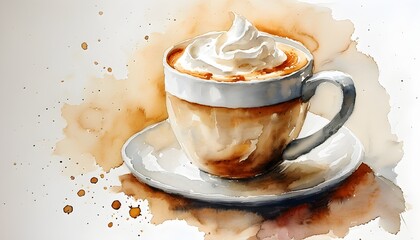 Whimsical watercolor depiction of a cozy mug overflowing with whipped cream atop rich coffee