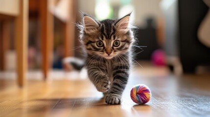 Wall Mural - A playful kitten chases a colorful ball on a wooden floor, showcasing curiosity and energy.