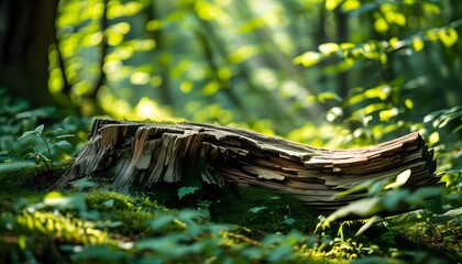 Serene forest scene with a weathered log bathed in soft sunlight filtering through vibrant greenery