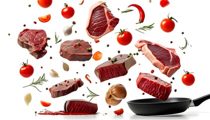 Dynamic splash of ingredients over raw beef steak in a pan against a clean white background