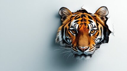 Canvas Print - A realistic tiger's face emerging from a cracked wall, showcasing vibrant colors and detail.