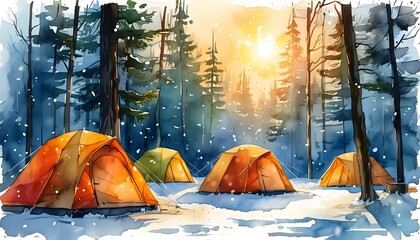 Charming snowy campsite in a tranquil forest with colorful tents basking under a radiant sun