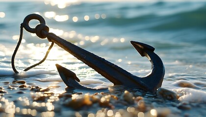 Sunlit anchor resting on the seabed, with rays of light creating a serene underwater atmosphere