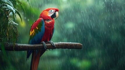 Wall Mural - A vibrant parrot perched on a branch in a rain-soaked, lush environment.