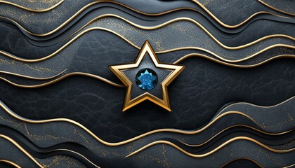 Wall Mural - A Gold Star with a Blue Gemstone on a Black and Gold Wavy Surface