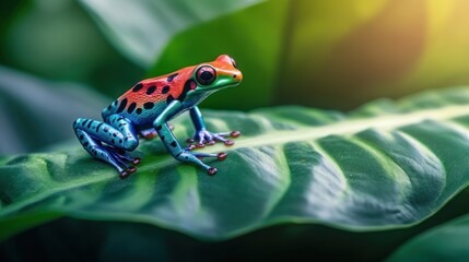 Wall Mural - A colorful frog perched on a lush green leaf, showcasing nature's beauty.