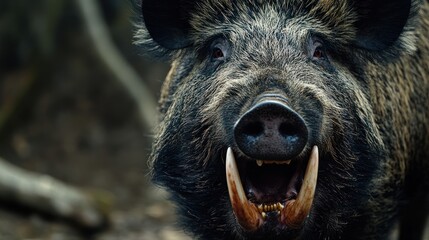 A close-up of a wild boar displaying its tusks in a natural setting.