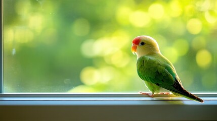 Poster - A colorful bird perched by a window, bathed in soft, natural light.