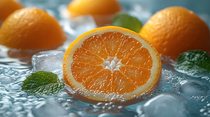 fresh orange slices and mint leaves floating in water, ice cubes, light blue color scheme, fresh style