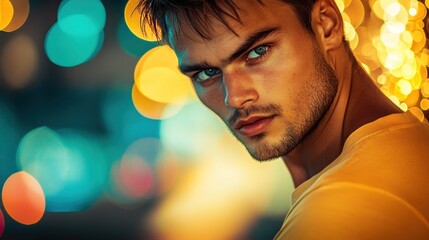 Canvas Print - A close-up portrait of a young man with striking features against a blurred background.