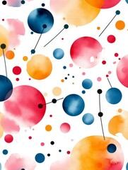 A vibrant and playful pattern featuring watercolor dots in various sizes and colors, connected by dashed lines, creating a sense of movement and energy. The pattern symbolizes creativity, connection, 