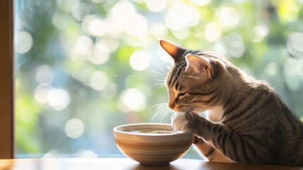 Wall Mural - A cat curiously interacts with a bowl of water, set against a softly blurred background.