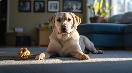 Wall Mural - A relaxed dog lies on a carpet with a rope toy, basking in sunlight indoors.